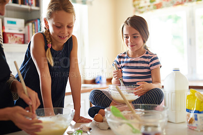 Buy stock photo Mother, teamwork or happy kids baking in kitchen as a family with siblings learning cookies recipe at home. Girl, baker or mom helping or teaching children to bake in stove for child development 