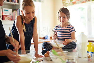 Buy stock photo Parent, portrait or happy kids baking in kitchen as a family with siblings learning cookies recipe at home. Girl, cooking or baker helping or teaching children to bake together for child development 
