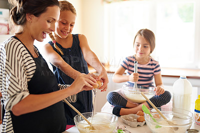 Buy stock photo Mother, happy family or kids baking in kitchen with siblings learning cookies recipe or mixing pastry at home. Mom, cooking or baker helping or teaching children to bake together for development