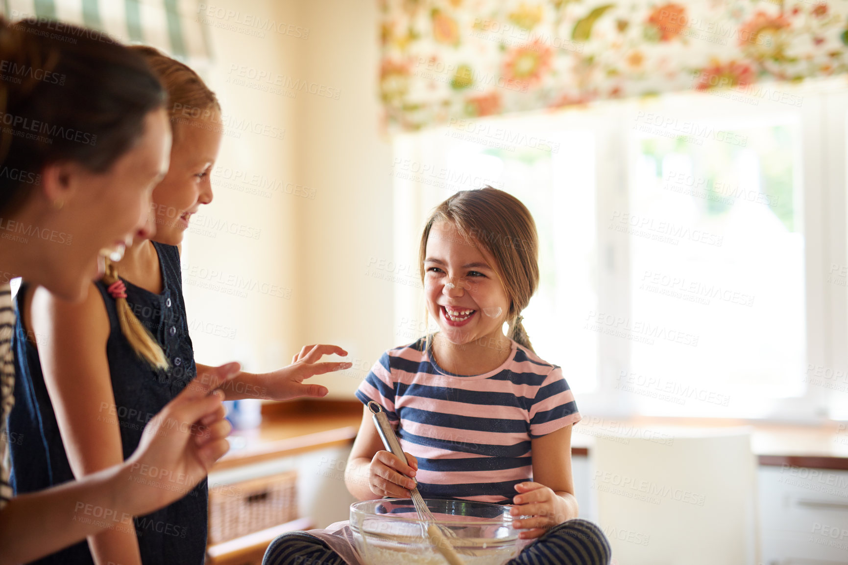 Buy stock photo Mother laughing, happy family or kids baking in kitchen with siblings learning or mixing cookies recipe. Funny, home or mom helping or teaching playful children to bake together for cooking skills 