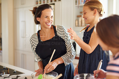 Buy stock photo Mother, family or happy kids baking in kitchen with siblings learning cookies recipe or mixing pastry at home. Laughing, funny or mom helping or teaching children to bake together for cooking skills