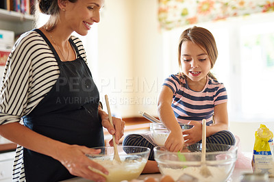 Buy stock photo Mother, cooking or girl child baking in kitchen as a happy family with a young kid learning cookies recipe. Cake, baker or mom helping or teaching daughter to bake for skills development at home 