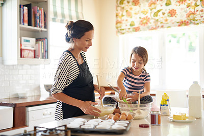 Buy stock photo Mother, cooking or girl baking in kitchen as a family with a young kid learning cookies recipe at home. Cake pastry, baker or happy mother helping or teaching daughter to bake for child development
