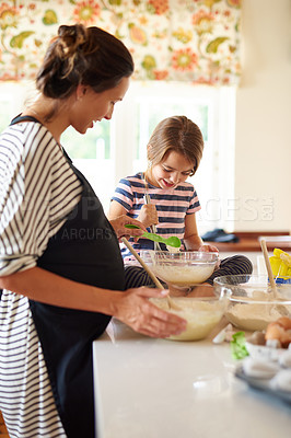 Buy stock photo Mom, pregnant or girl baking in kitchen as a happy family with a kid learning cookies or cake recipe at home. Maternity, cooking or mother baker helping or teaching child to bake for development 