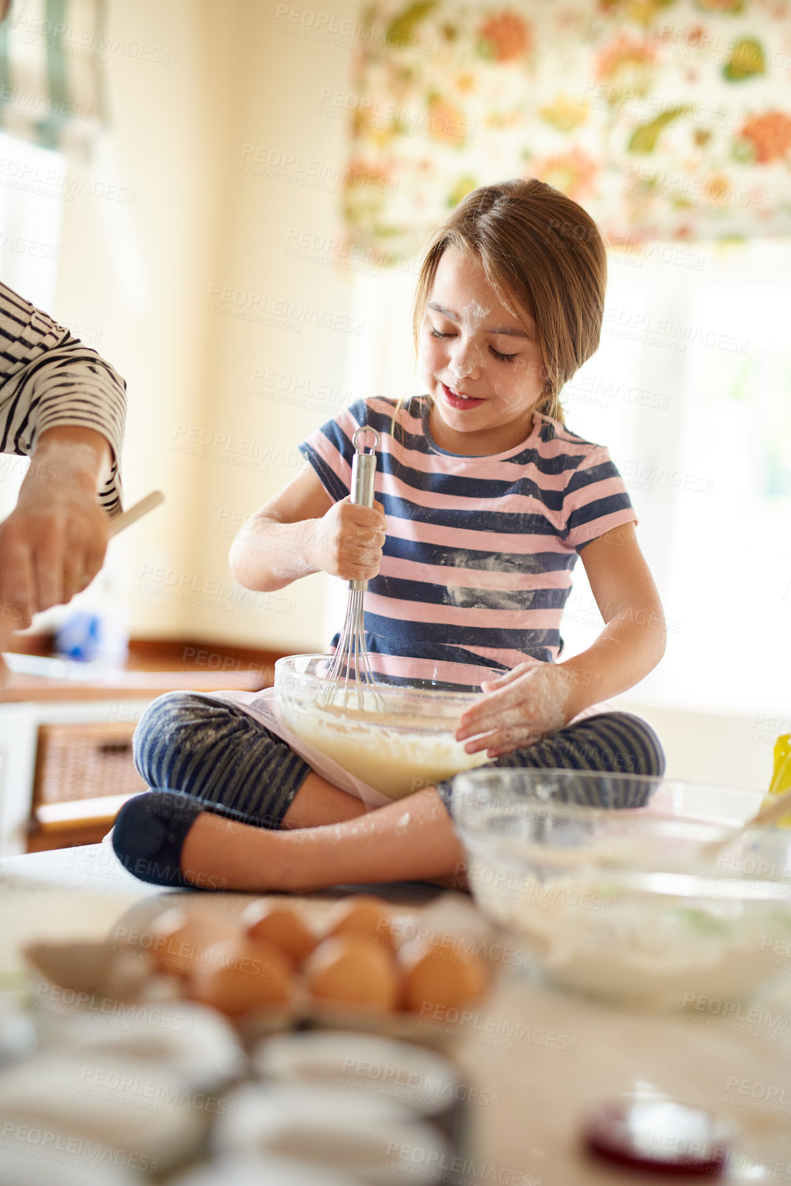 Buy stock photo Parent, girl or happy kid baking in kitchen as a family for learning cookies pastry or food recipe at home. Mixing, cooking or baker helping or teaching child to bake for skills development growth