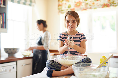 Buy stock photo Portrait, flour or happy girl baking in kitchen with parent for bonding, child development or food preparation. Dirty, fun or young kid mixing pastry in bowl cooking playing for learning a recipe 