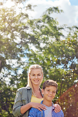 Buy stock photo Cropped portrait of a mother and her young son out in the woods