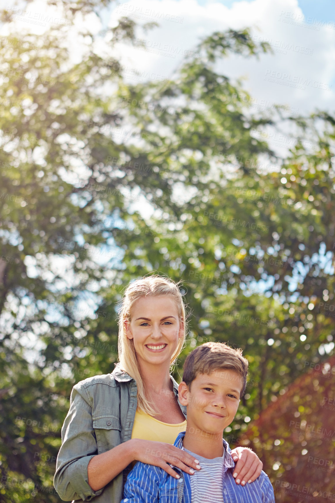 Buy stock photo Portrait, mother or child in forest with smile, connection or bonding together on summer break. Happy, space or people in nature with trust, parent love or healthy relationship in spring getaway.