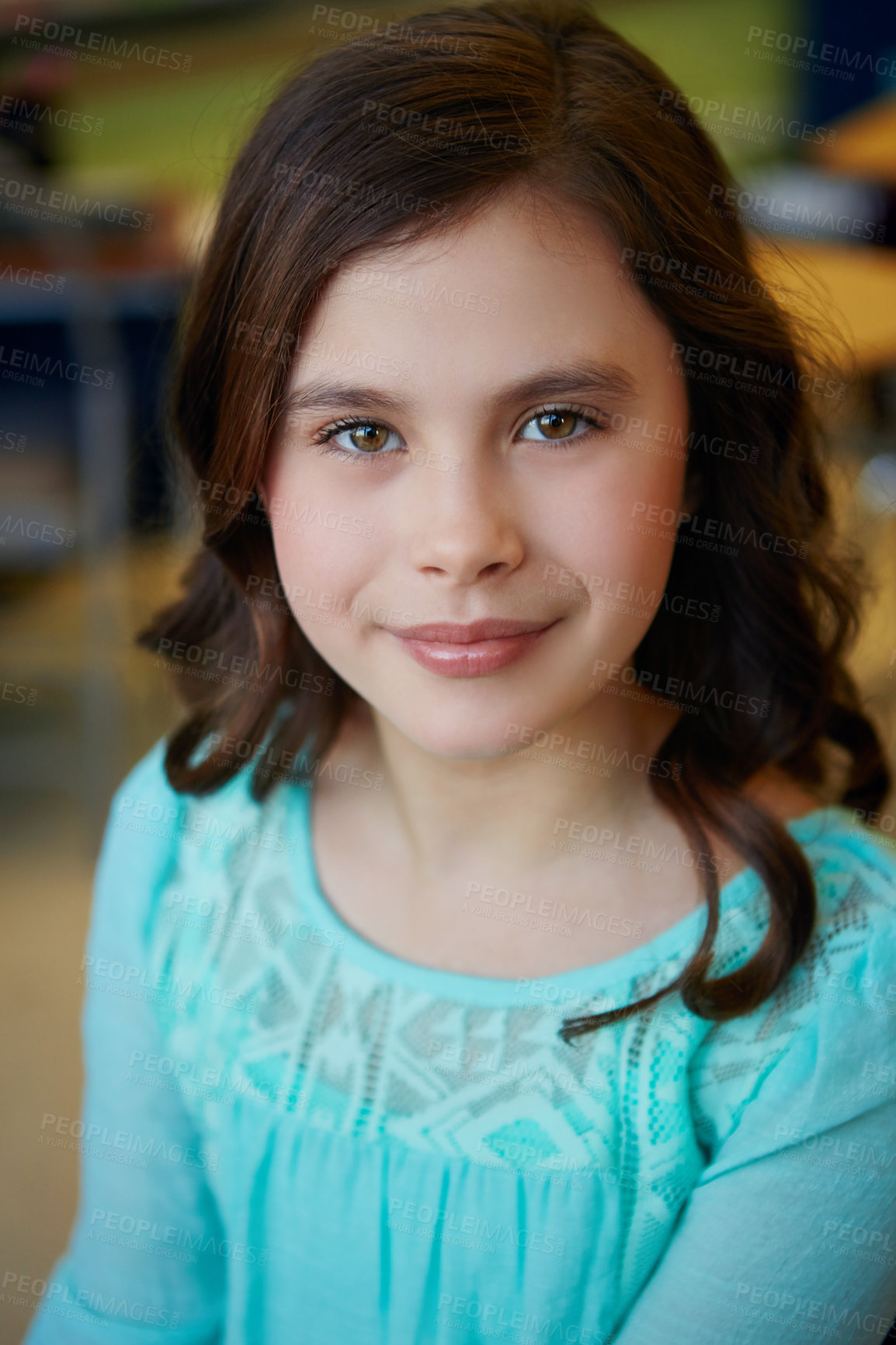 Buy stock photo Child, girl and smile with portrait in classroom for learning, knowledge and academic development. Student, kid and happy at elementary academy for education, back to school and confidence for study