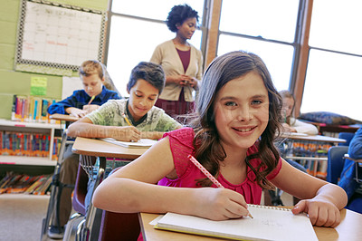 Buy stock photo Learning, happy and girl portrait in classroom with notebook for lesson notes and knowledge. School kids, education and development of middle school children writing in books with focus.

