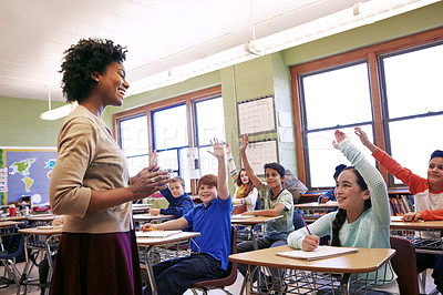 Buy stock photo School, teacher and children raise their hands to ask or answer an academic question for learning. Diversity, education and primary school kids speaking to their woman educator in the classroom.
