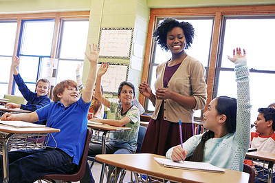 Buy stock photo School, tutor and students raise their hands to ask or answer an academic question for learning. Diversity, education and primary school kids speaking to their woman teacher in the classroom.
