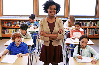 Buy stock photo Portrait, black woman and teacher with students learning in classroom or middle school. Arms crossed, education scholarship and confident and happy female educator with children ready for studying.