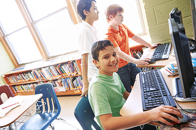 Buy stock photo Portrait, computer and friends in class with a boy working online on a school project for education. Kids, classroom and internet with a male child doing research for learning, growth or development