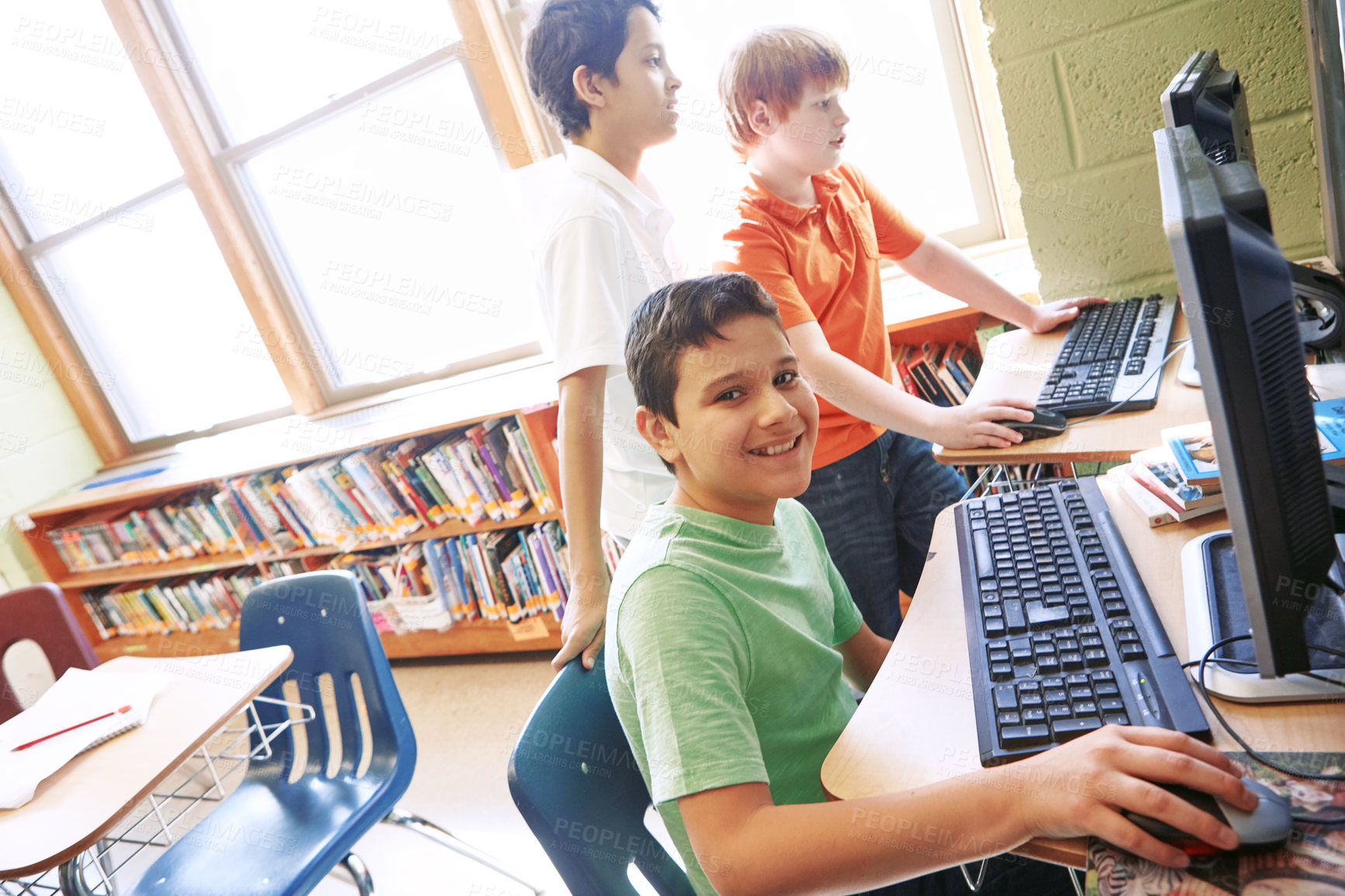 Buy stock photo Portrait, computer and friends in class with a boy working online on a school project for education. Kids, classroom and internet with a male child doing research for learning, growth or development