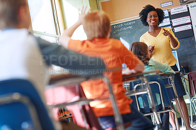 Buy stock photo Teaching, question and children in classroom with teacher in academy lesson, learning and studying. Knowledge, education and students, school kids and learner with hand for asking, ideas and answer