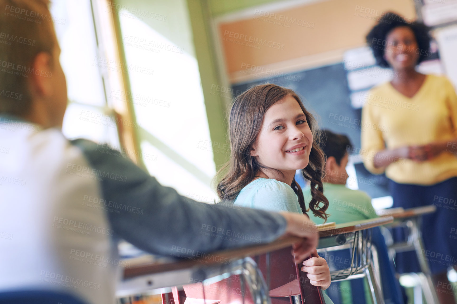 Buy stock photo Education, student and portrait of girl in classroom or elementary school. Development, learning scholarship and happy young female learner with students and teacher ready for studying and knowledge.