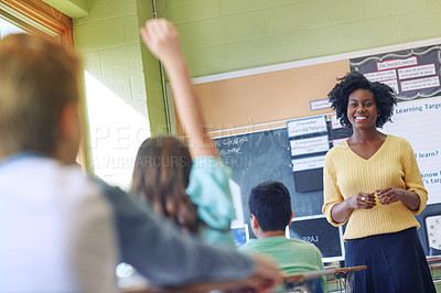 Buy stock photo Learning, teacher and student with question in classroom or school. Education, development and scholarship girl raising hand to answer questions, studying or help with happy black woman and educator.
