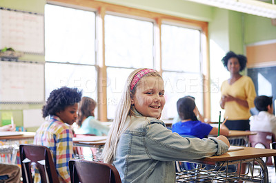 Buy stock photo Child, school and education portrait in a classroom while writing in book to study and learn knowledge. Group of diversity students and teacher in class learning for future, development and growth