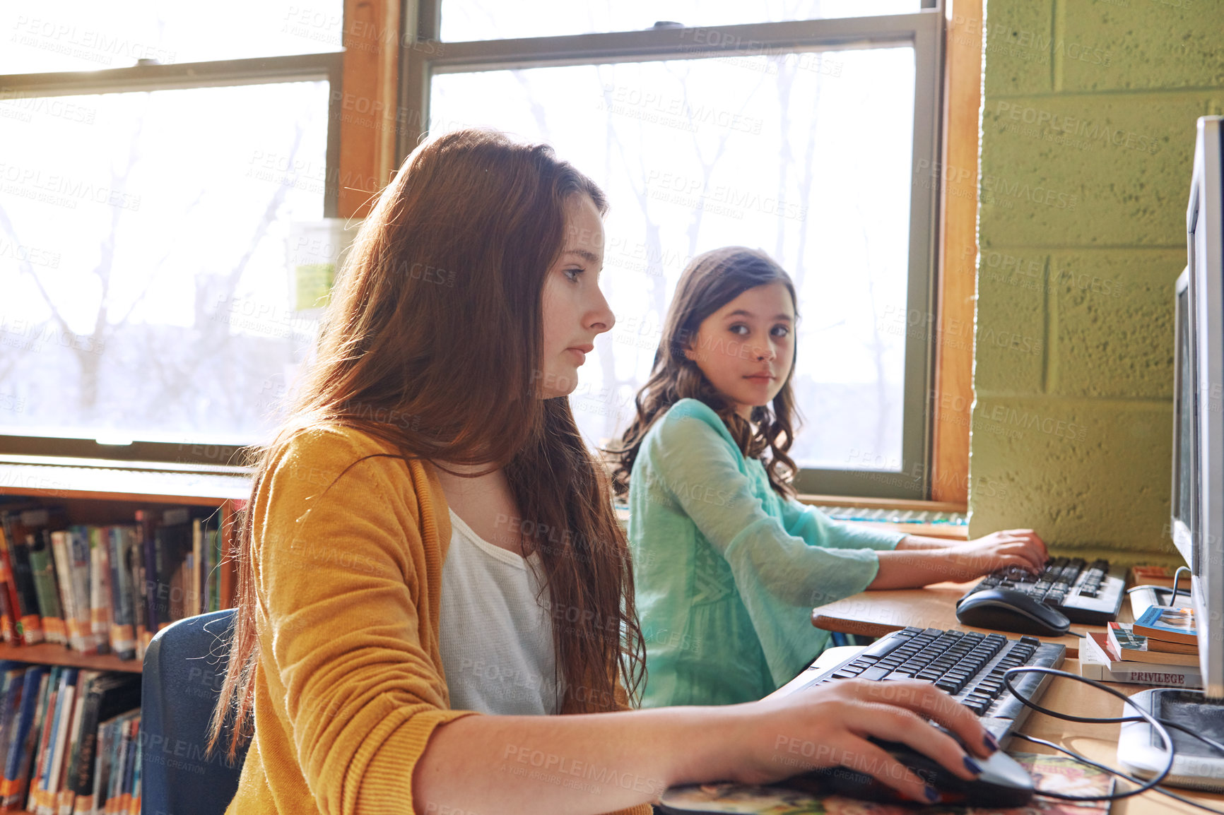 Buy stock photo Shot of elementary children working on computers at school