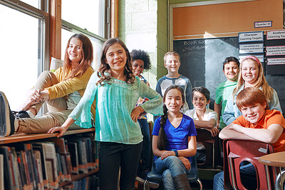 Buy stock photo School portrait, students and education with children classroom to learn and study for knowledge. Boy and girl diversity group students in class while learning for future, development and growth