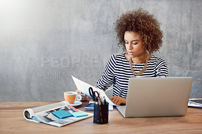 Buy stock photo Startup, woman and laptop with paper for creativity, reading and planning in office. Interior design, person and report at table for strategy, information and marketing ideas for small business