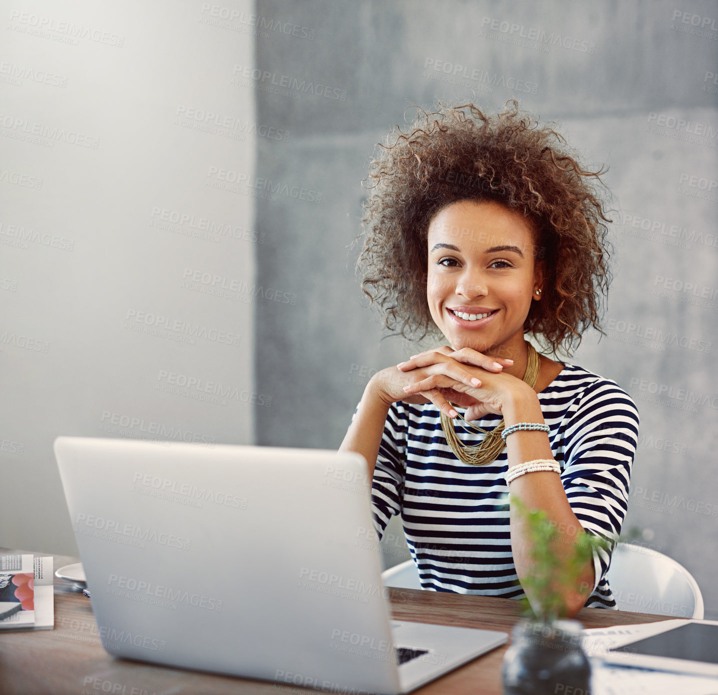 Buy stock photo Woman, laptop and smile portrait in office, online project and creative workplace for website feedback. Search, internet and professional information or networking, email and blog with connection