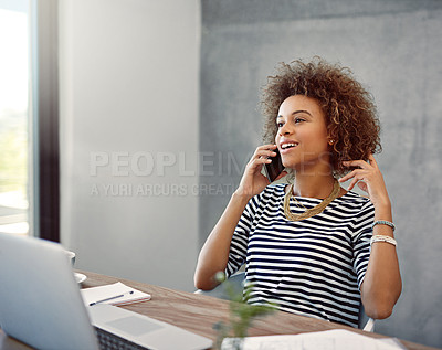 Buy stock photo Shot of a young woman talk on the phone while sitting at a desk at home
