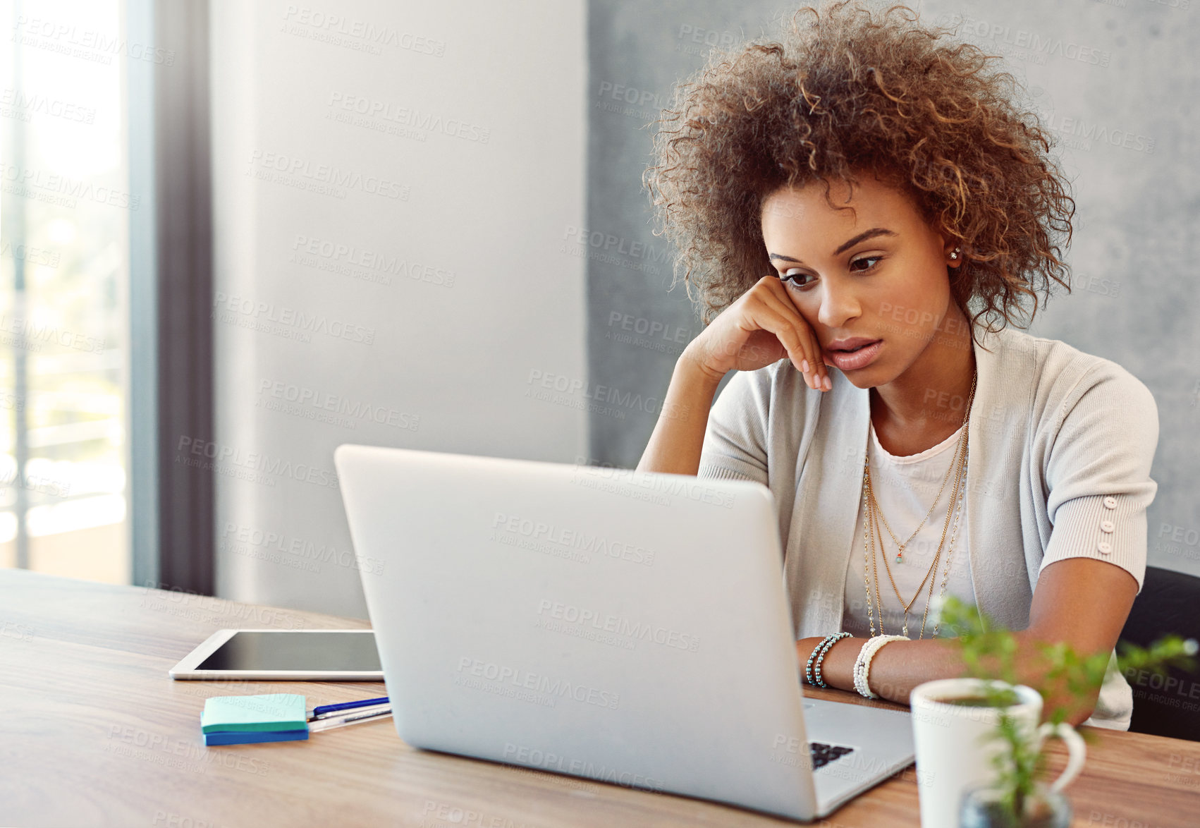 Buy stock photo Entrepreneur, woman and stress with laptop in home for burnout, tired or overworked on project deadline. Freelancer, african writer and person with anxiety for startup blog post review or remote work