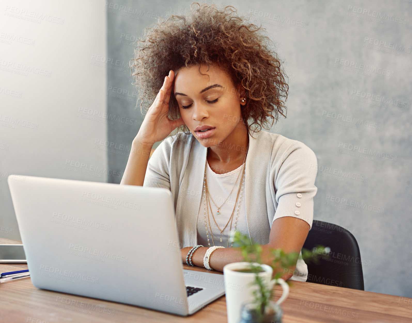 Buy stock photo Entrepreneur, woman and headache with laptop in home for burnout, tired or overworked on project deadline. Freelancer, african writer or person with stress for startup blog post review or remote work