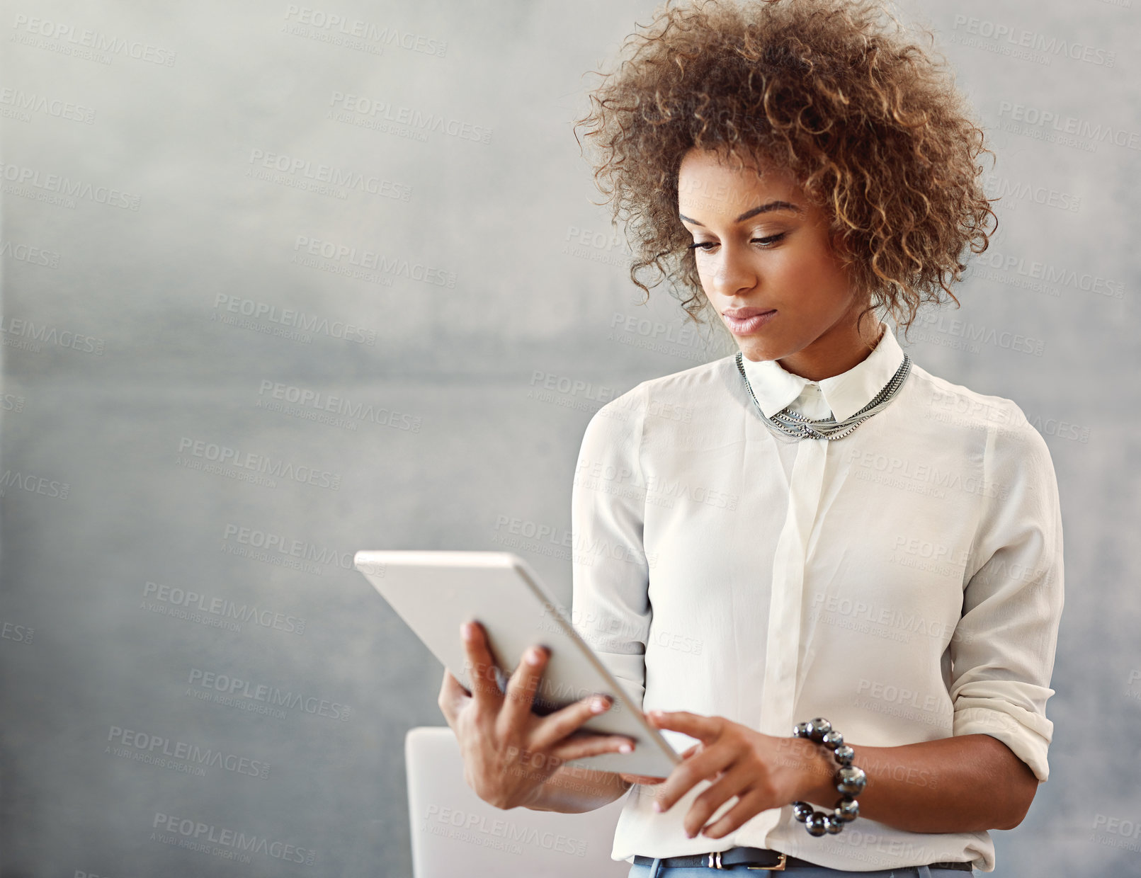 Buy stock photo Black woman, tablet and office with research for social media marketing, business employee with review. Female person, ebook and reading website in workplace, tech for online management or planning