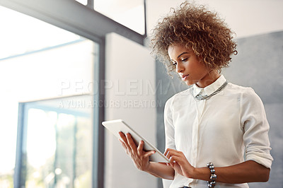 Buy stock photo Black woman, tablet and office with company reading, career with public relations and social media management. Female person, ebook and website research in workplace, technology for event planning