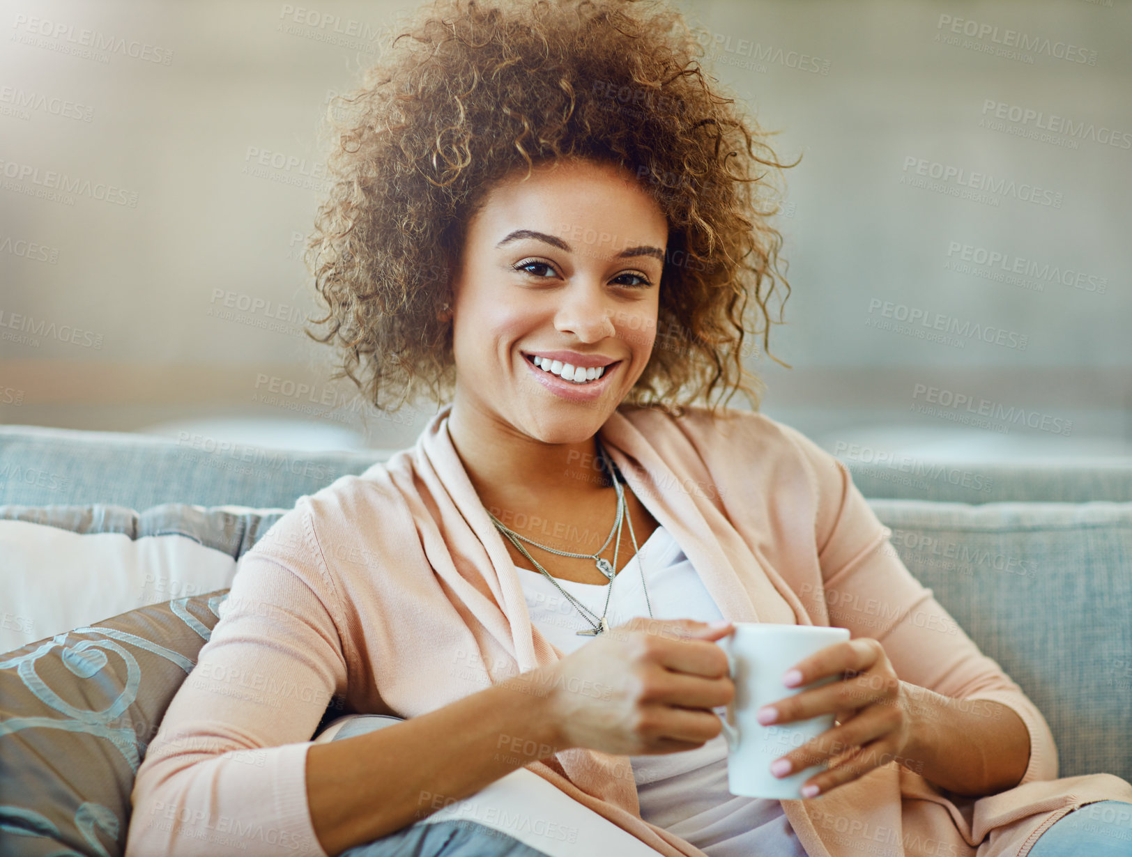 Buy stock photo Portrait, relax and woman with coffee, smile and confident in living room, weekend and break in morning. Calm, proud and happy person in lounge, rest and peace in apartment, chilling and joy in home