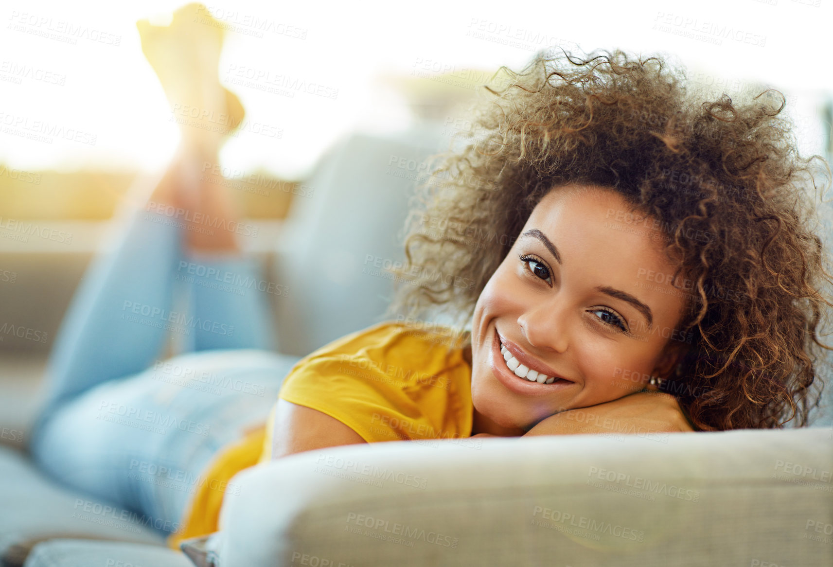 Buy stock photo Portrait, peace and woman in house, smile and confident in living room, weekend and break in morning. Calm, proud and happy person in lounge, rest and relax in apartment, chilling and joy in home