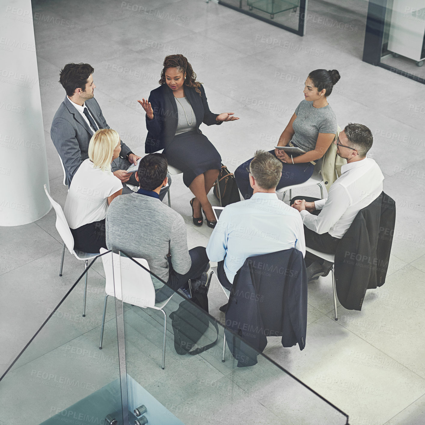 Buy stock photo Above, circle and business people in meeting, planning and teamwork for project, proposal and review. Employees, modern office and coworkers with brainstorming, cooperation and feedback for growth