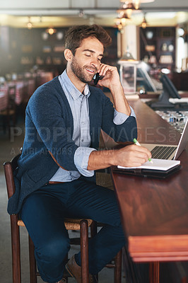 Buy stock photo Phone call, book and man with laptop in restaurant for stock, planning or communication with supplier. Business owner, pub and happy with technology for inventory information, networking and feedback