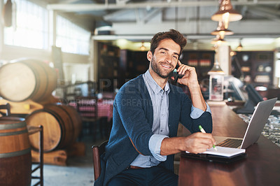 Buy stock photo Business owner, restaurant and portrait of man with phone call for planning, communication or info. Male person, pub and notebook with technology for inventory, stock update or feedback from supplier