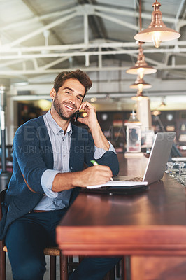 Buy stock photo Restaurant, owner and portrait of man with phone call for communication, planning and discussion. Business person, notebook and pub with technology for ecommerce, feedback and update to supplier