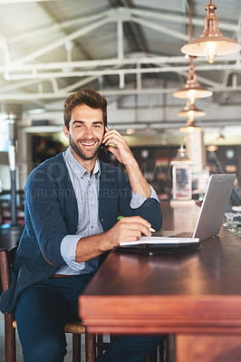 Buy stock photo Smile, restaurant and portrait of man with phone call for planning, communication and update. Business owner, pub and notebook with technology for ecommerce, discussion and feedback from supplier