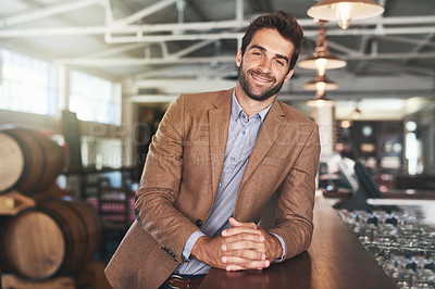 Buy stock photo Portrait, man and small business of beer, bar and smile of entrepreneur, happiness and joy for pub. Startup, tavern and store for alcohol, person and owner in shop, confidence and pride for retail