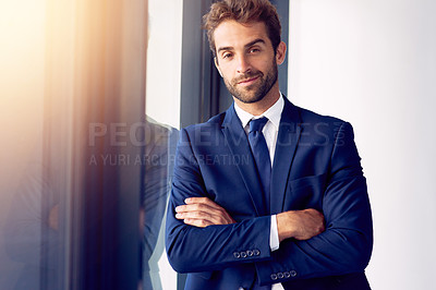 Buy stock photo Businessman, portrait and pride in workplace for startup company, employee and smile in office. Male person, happiness and career in professional agency for real estate, property and development.