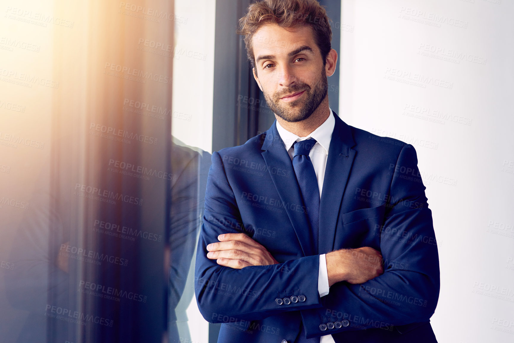 Buy stock photo Businessman, portrait and pride in workplace for startup company, employee and smile in office. Male person, happiness and career in professional agency for real estate, property and development.
