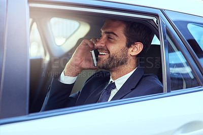 Buy stock photo Phone call, smile and business man in car, talking and speaking on journey. Cellphone, taxi and male professional calling, travel and communication, discussion or conversation in motor transport.