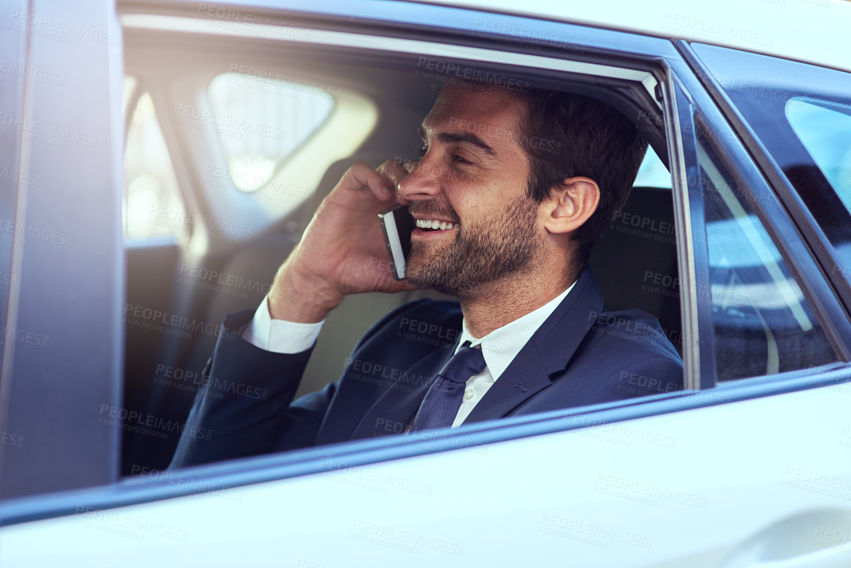 Buy stock photo Phone call, smile and business man in car, talking and speaking on journey. Cellphone, taxi and male professional calling, travel and communication, discussion or conversation in motor transport.