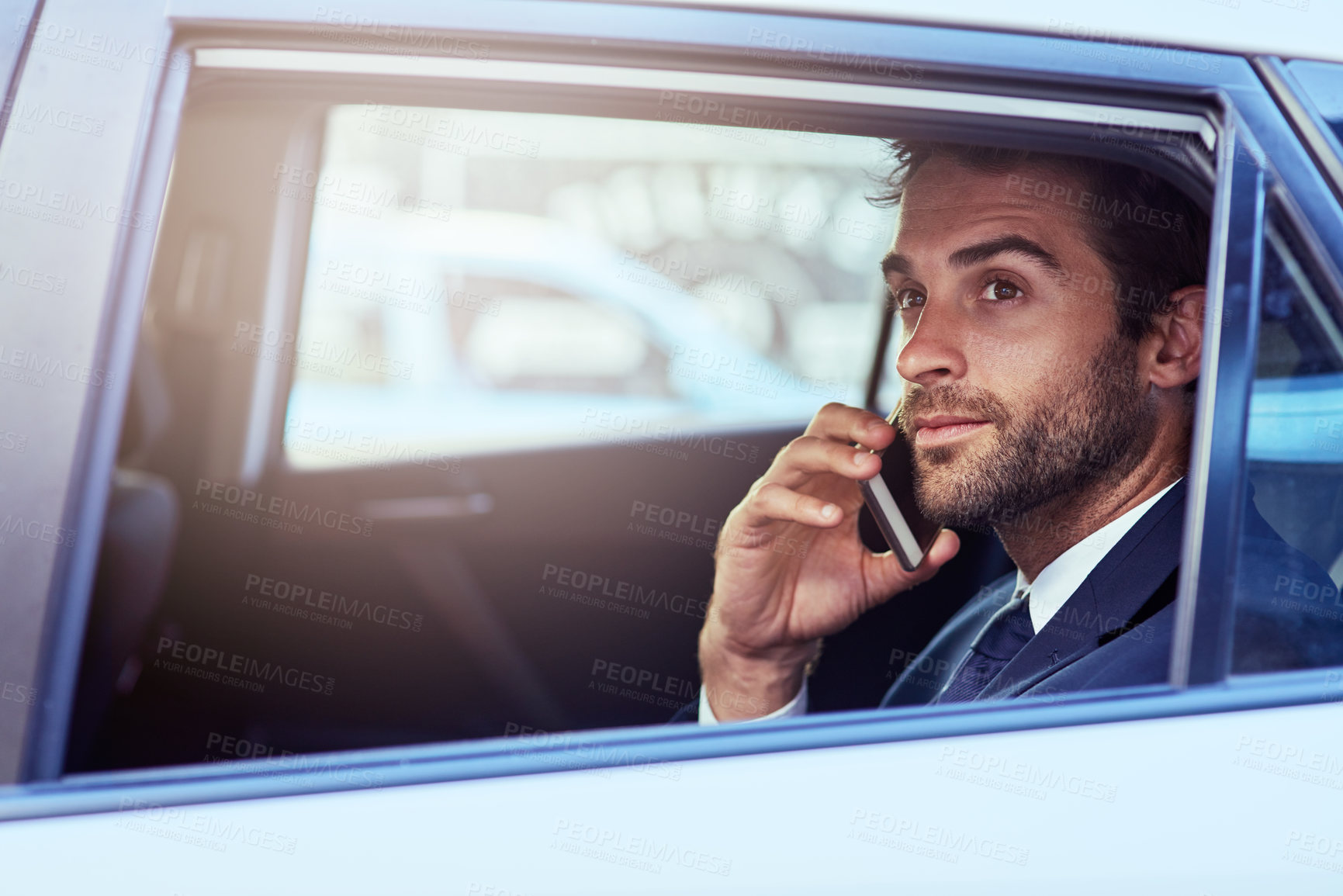Buy stock photo Phone call, serious and business man in car, thinking and listening on journey. Cellphone, taxi and male professional calling, travel and communication, discussion or conversation in transport mockup