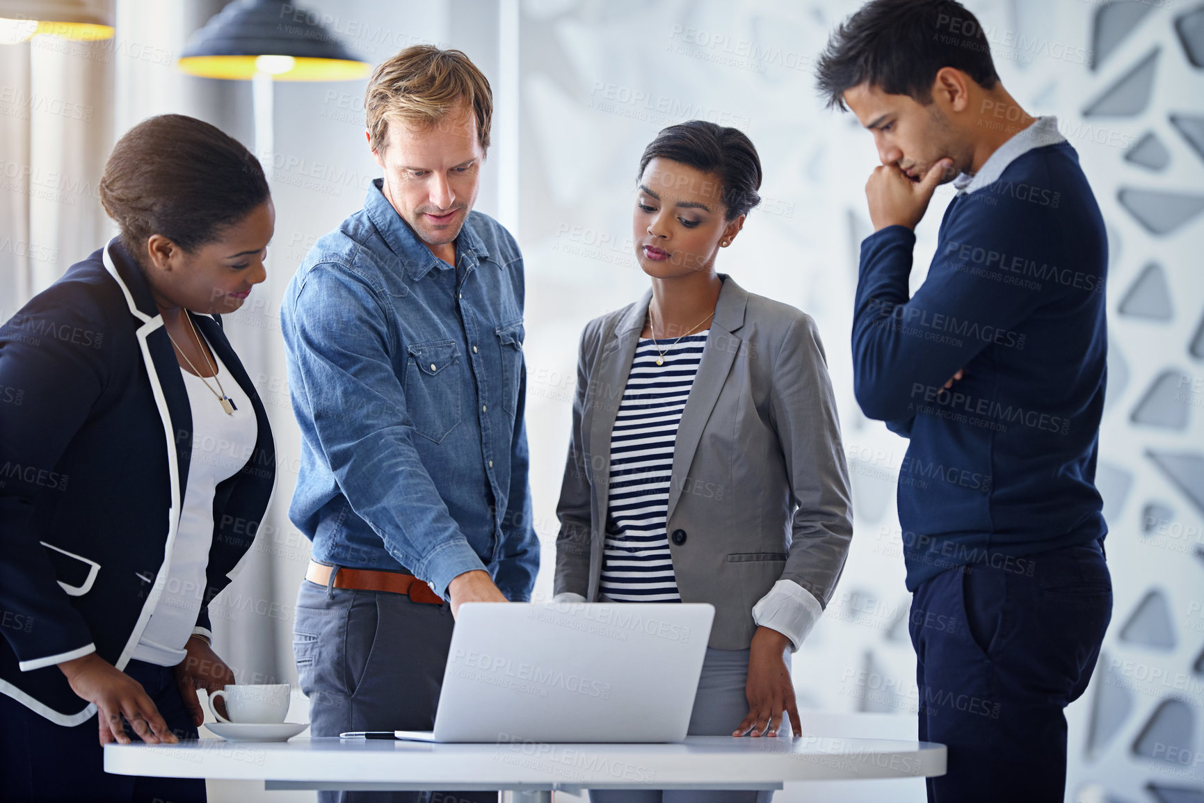 Buy stock photo People, diversity or laptop in meeting for planning, discussion or budget review for business. Teamwork, research or group with online information for startup project capital or social development