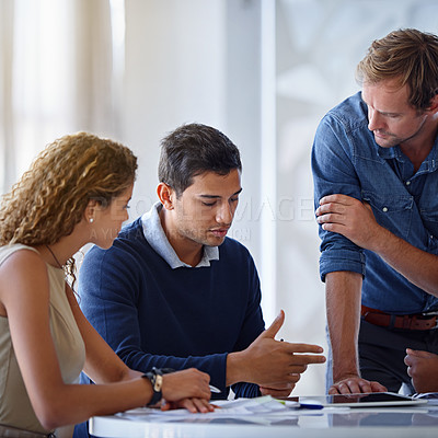 Buy stock photo Business people, teamwork and meeting with conversation, collaboration and professional in modern office. Staff, employees and coworkers with idea, cooperation and brainstorming for project or review