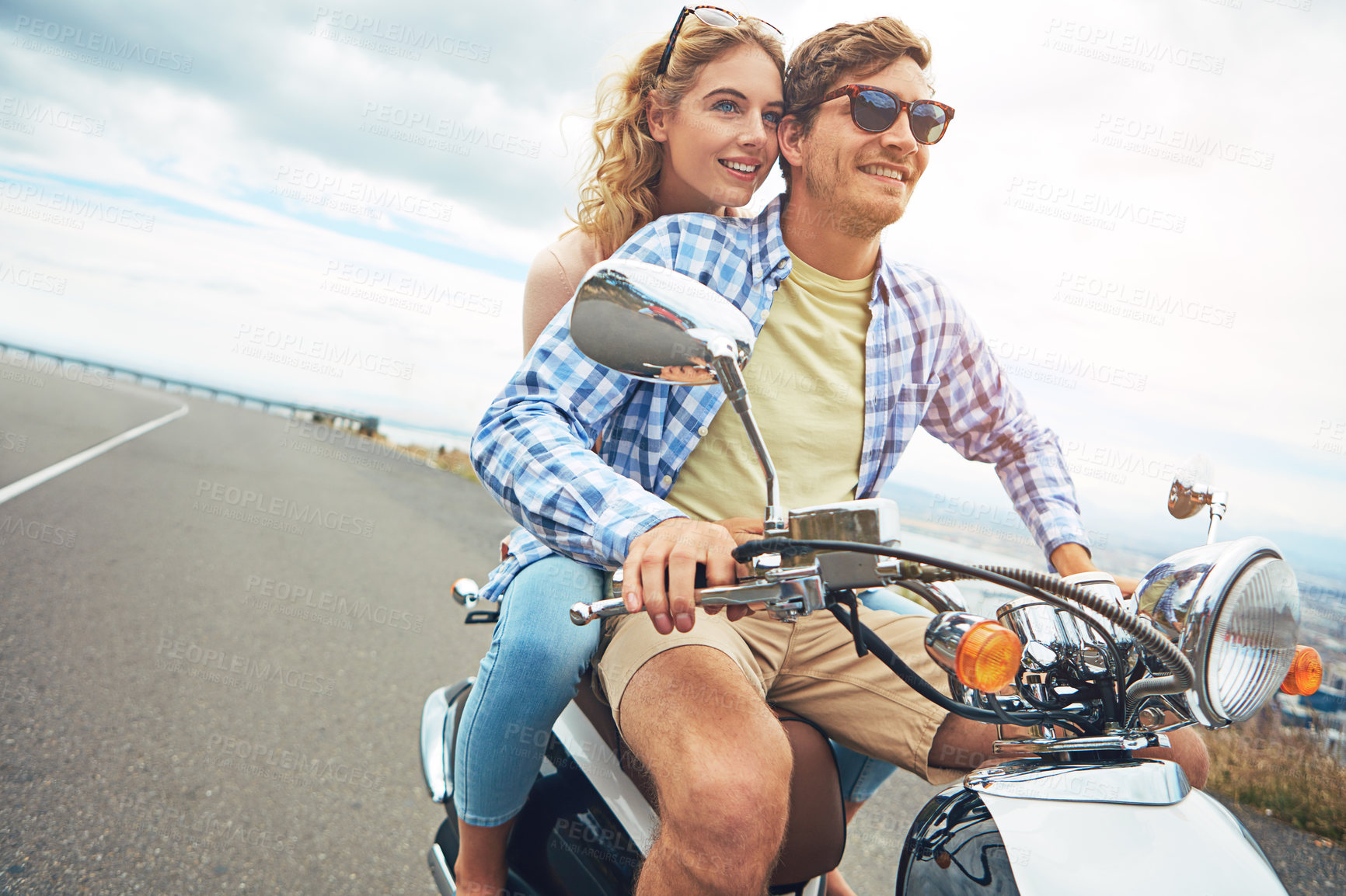 Buy stock photo Hug, road trip and couple on scooter for adventure, travel and smile on holiday together outdoor. Embrace, man and happy woman on motorbike for vacation getaway, journey and ride with transport