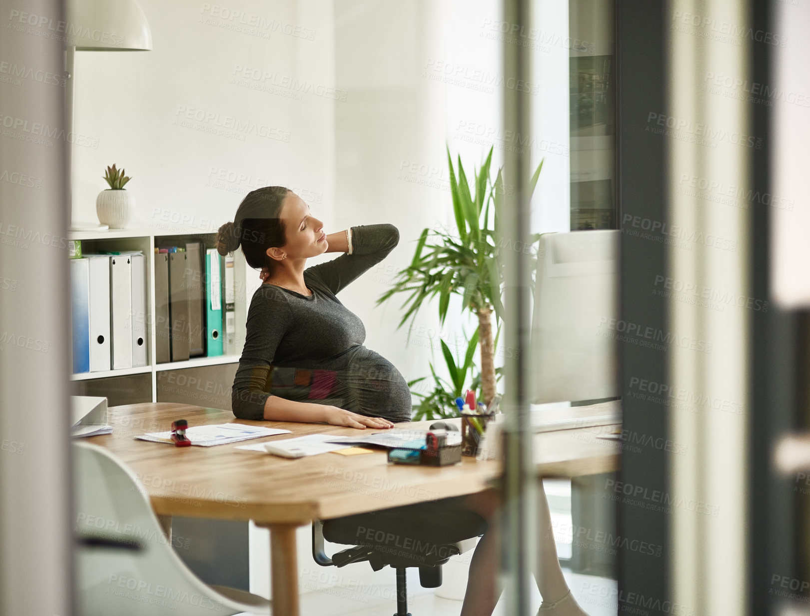 Buy stock photo Pregnant, business woman and neck pain in office with muscle injury, discomfort and bad posture. Professional, employee and medical fatigue at desk with maternity, uncomfortable ache and overworked