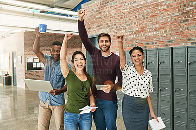 Buy stock photo Portrait of a team of colleagues cheering together in a modern office